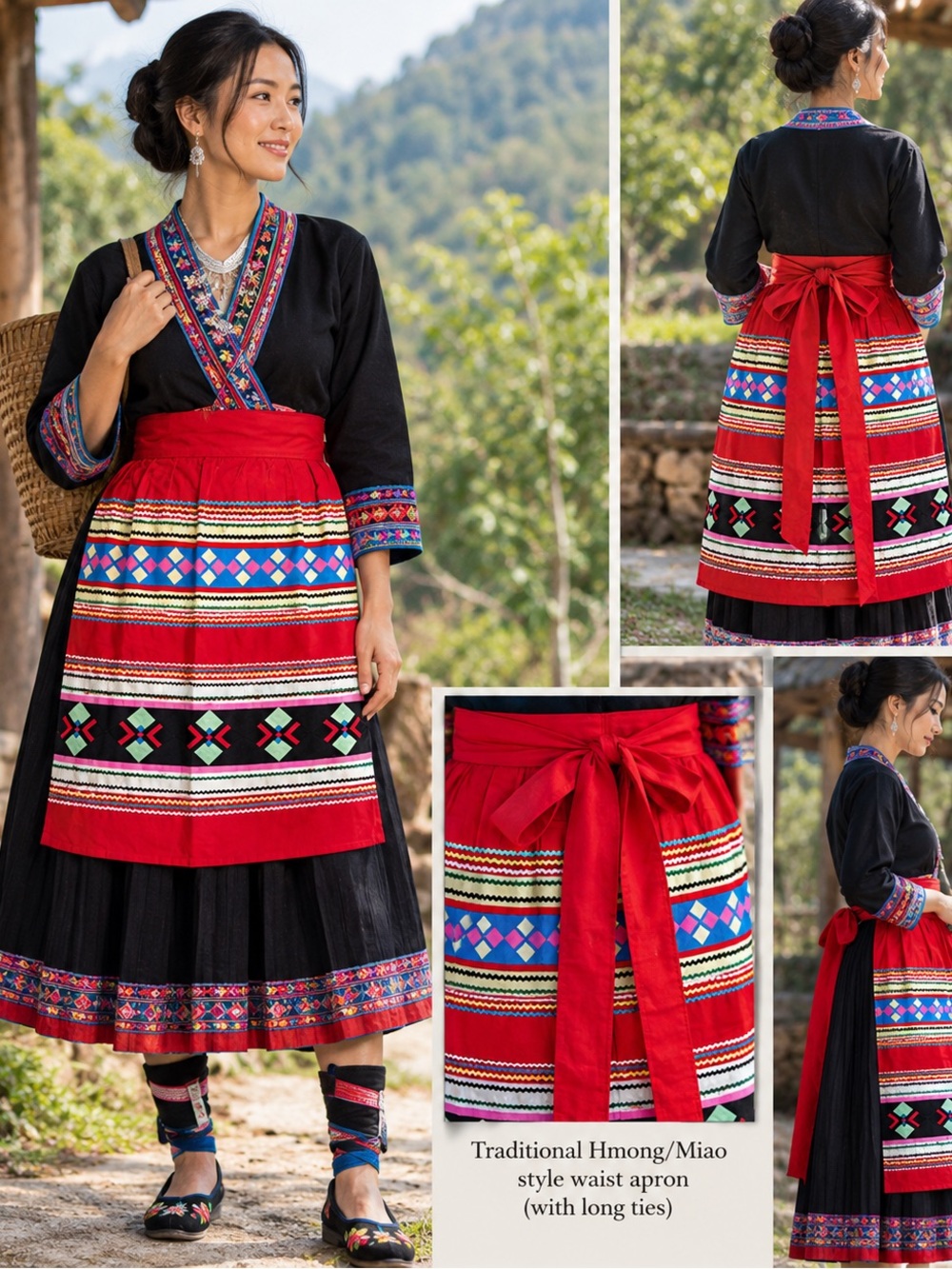 Vintage Hmong/Miao Textile Apron Folk Art Appliqué Red Geometric